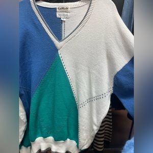 Vintage 80s LaMode Sweater Cable Knit Color Block V Neck SZ-XL